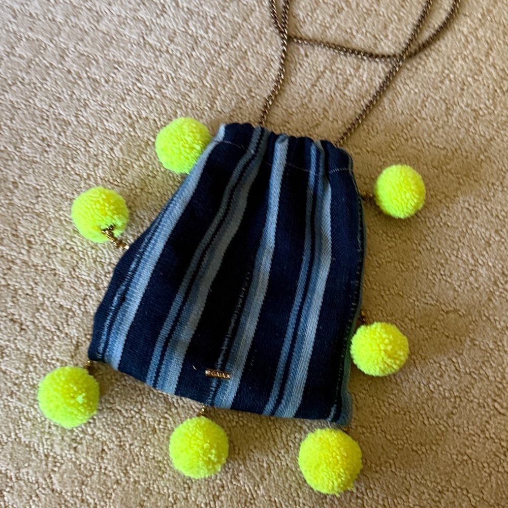 Blue Striped Bag with Neon Yellow Pom Poms